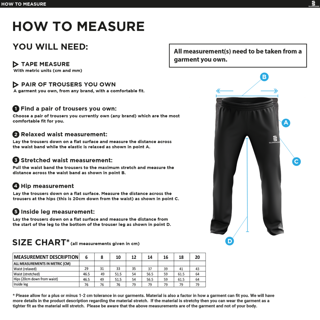 Old Isleworthians CC - Women's Ripstop Track Pant - Size Guide