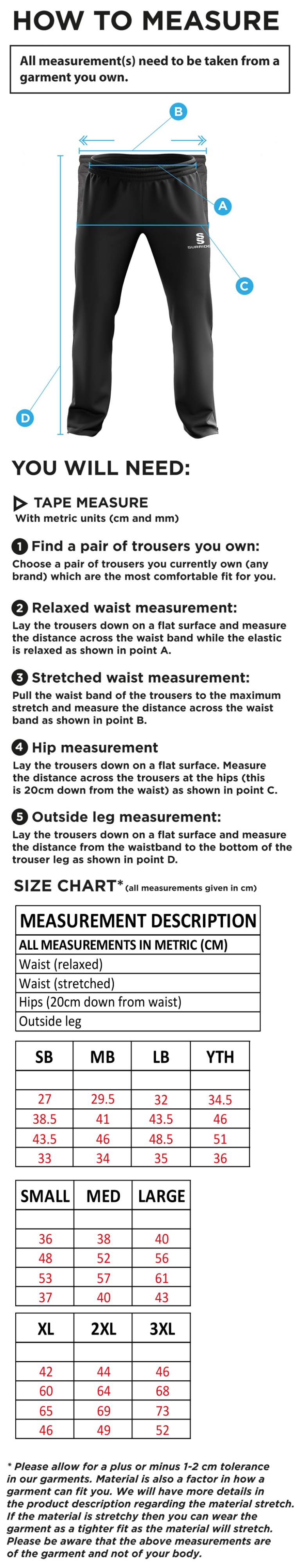 Old Isleworthians CC - Ripstop Track Pant - Size Guide