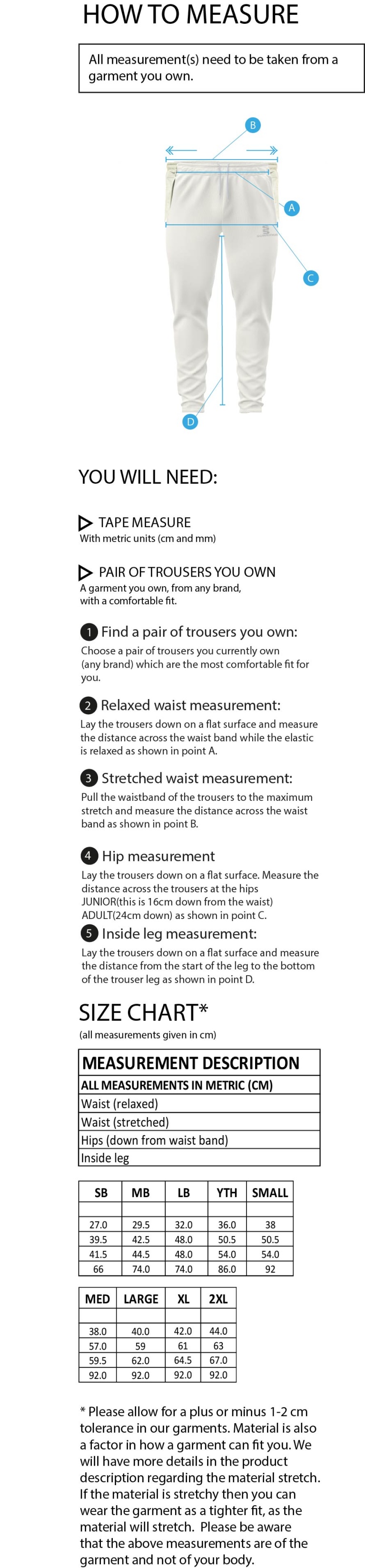 Old Isleworthians CC - Blade Playing Pants - Size Guide