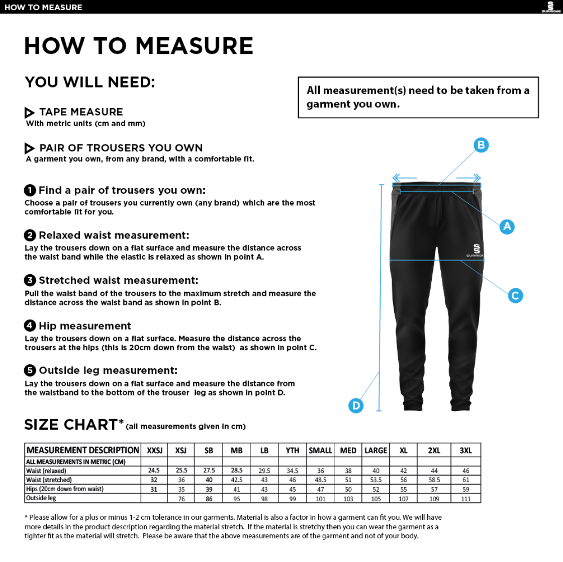 Old Isleworthians CC - Tek Slim Training Pants - Size Guide