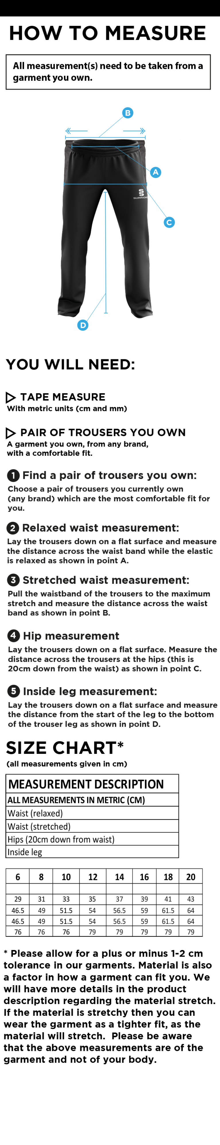 Old Isleworthians CC - Women's Ripstop Track Pant - Size Guide