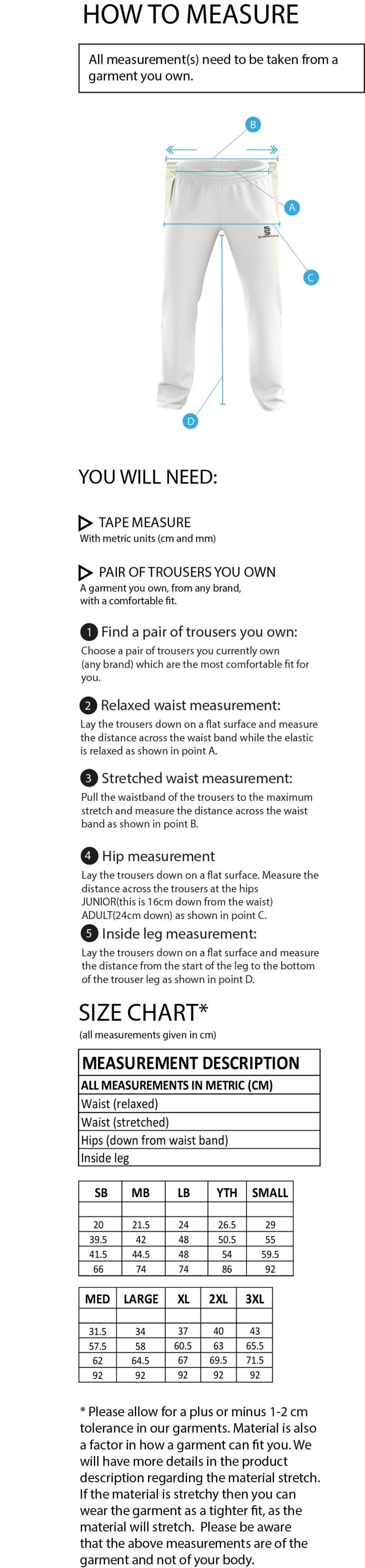 Old Isleworthians CC - Standard Playing Pant - Size Guide