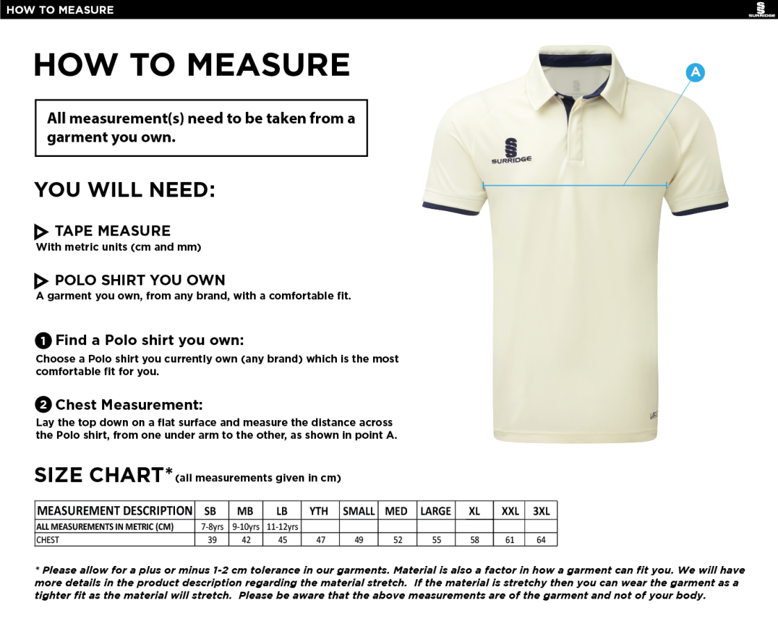 Old Isleworthians CC - Ergo Short Sleeve Navy Trim Shirt - Size Guide