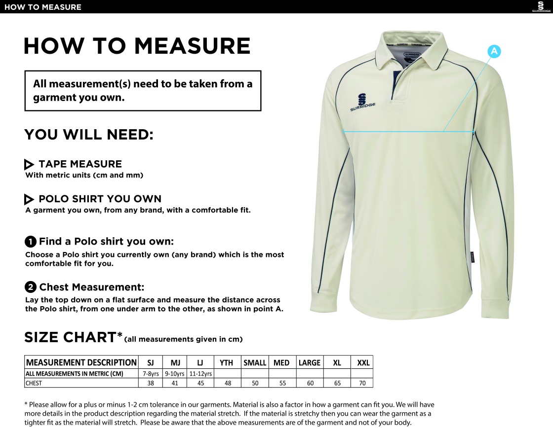 Old Isleworthians CC - Premier Long Sleeve Navy Trim Shirt - Size Guide