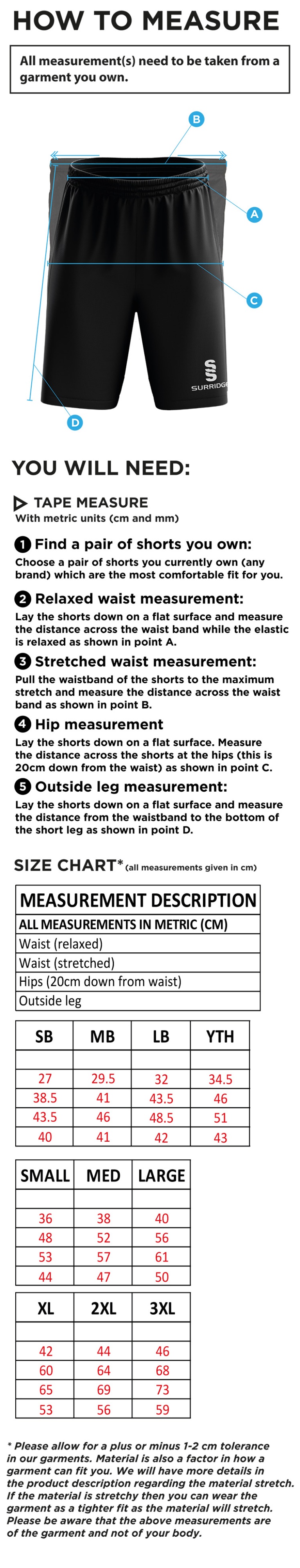 Old Isleworthians CC - Ripstop Pocketed Shorts - Size Guide