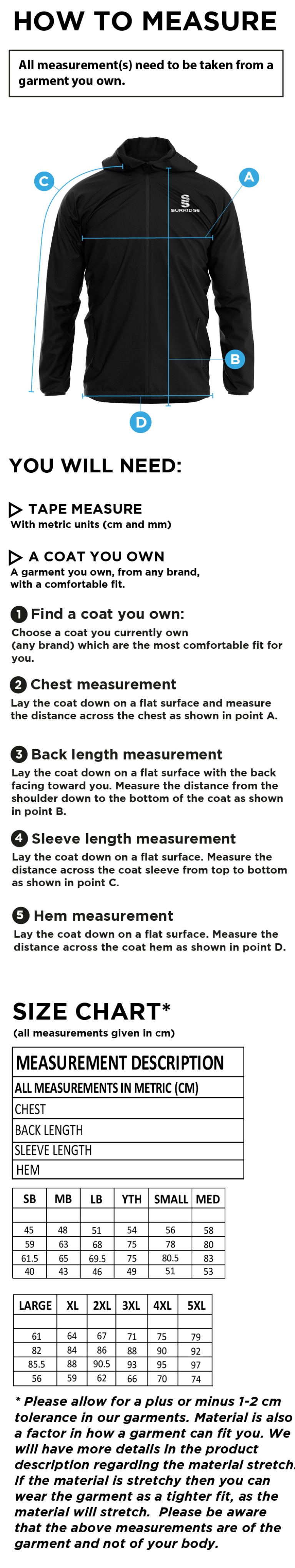 Old Isleworthians CC - Dual Full Zip Training Jacket - Size Guide
