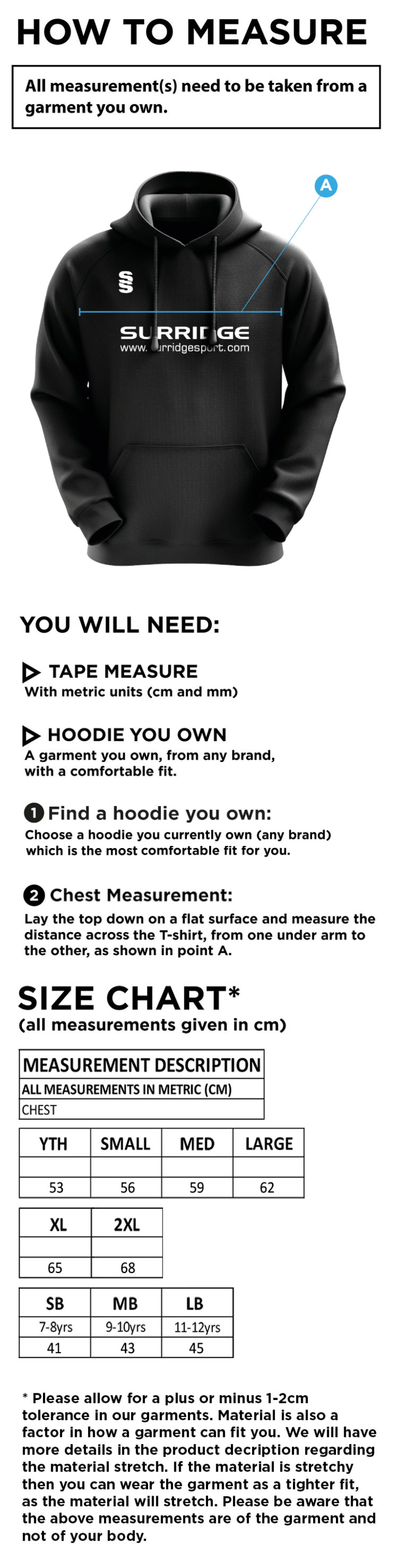 Old Isleworthians CC - Blade Hoody - Size Guide