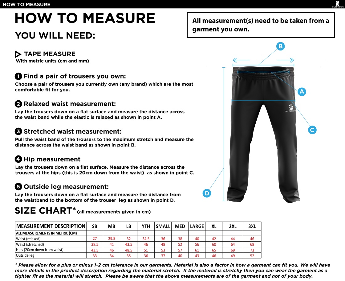 Old Isleworthians CC - Ripstop Track Pant - Size Guide