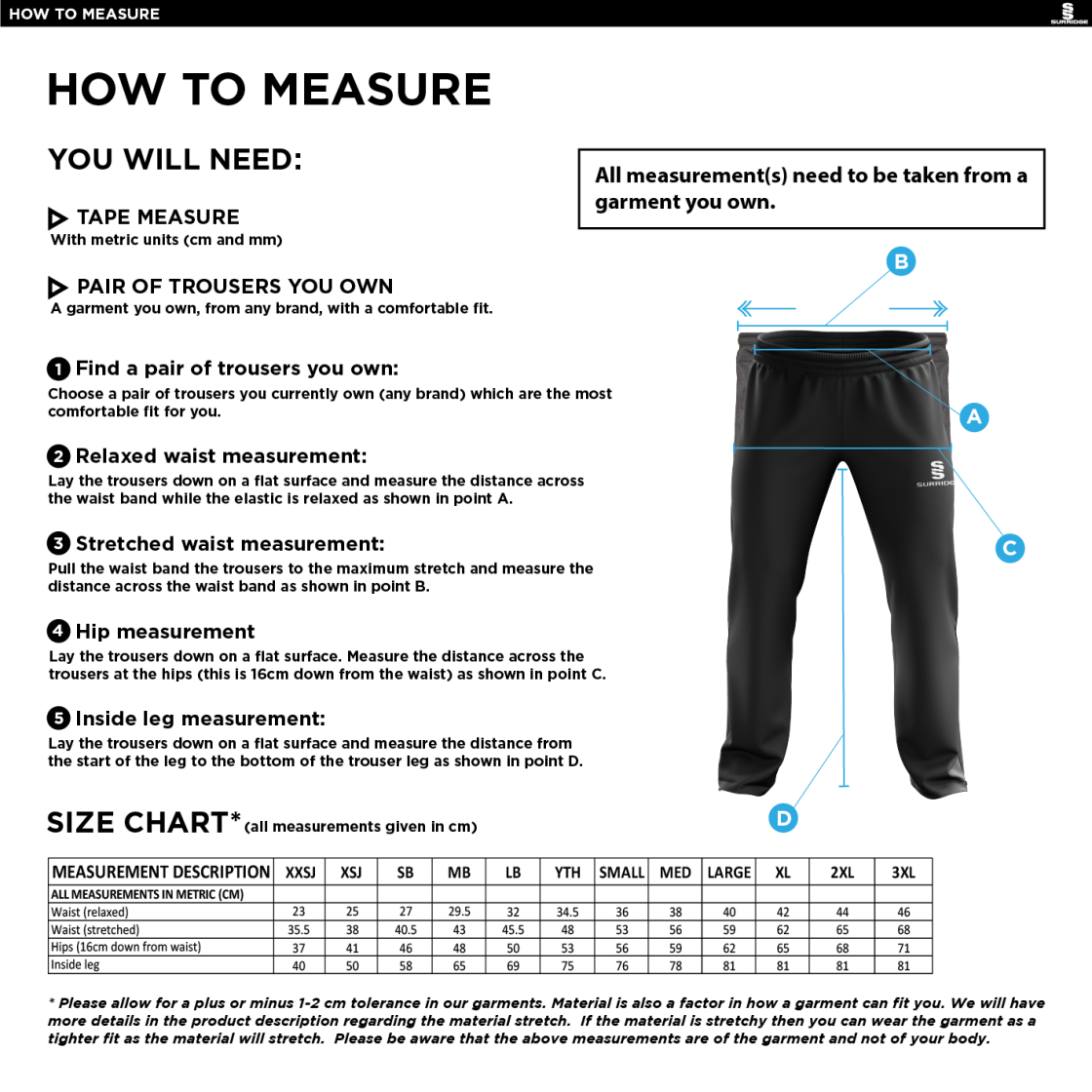Old Isleworthians CC - Poplin Track Pant - Size Guide