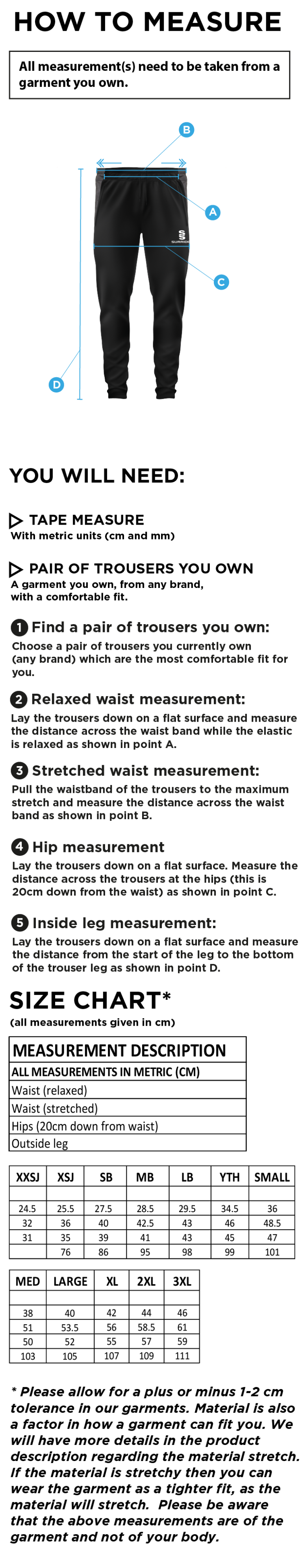 Old Isleworthians CC - Tek Slim Training Pants - Size Guide