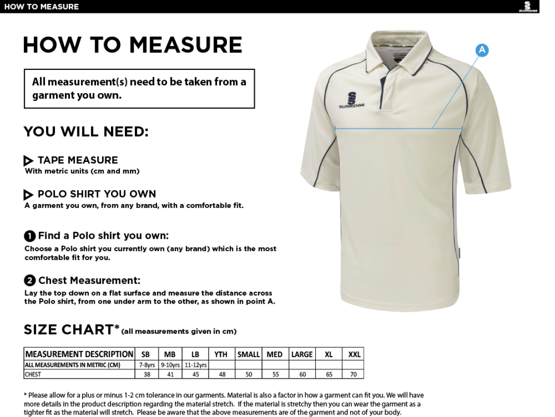 Old Isleworthians CC - Premier 3/4 Sleeve Navy Trim Shirt - Size Guide