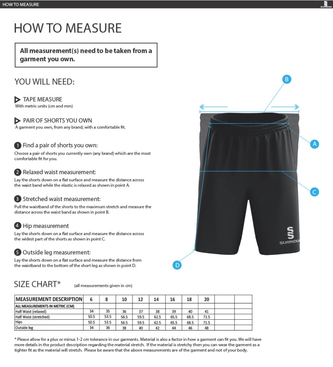 Old Isleworthians CC - Women's Ripstop Pocketed Shorts - Size Guide