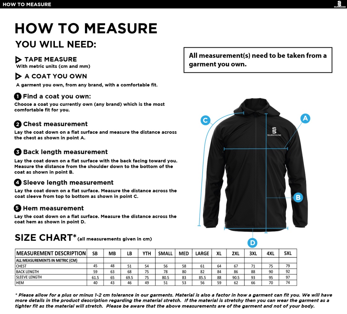 Old Isleworthians CC - Dual Full Zip Training Jacket - Size Guide