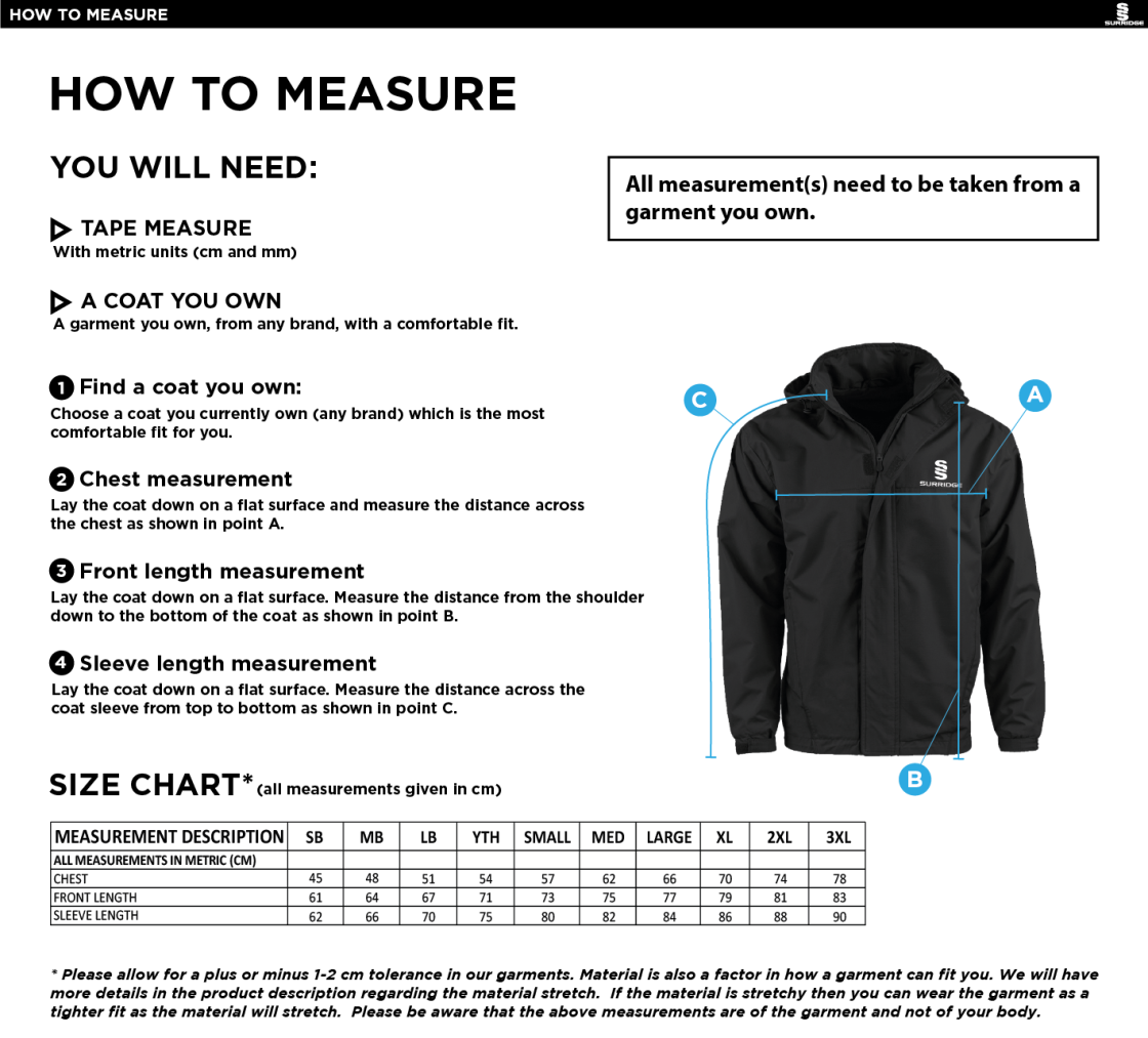 Old Isleworthians CC - Fleece Lined Jacket - Size Guide