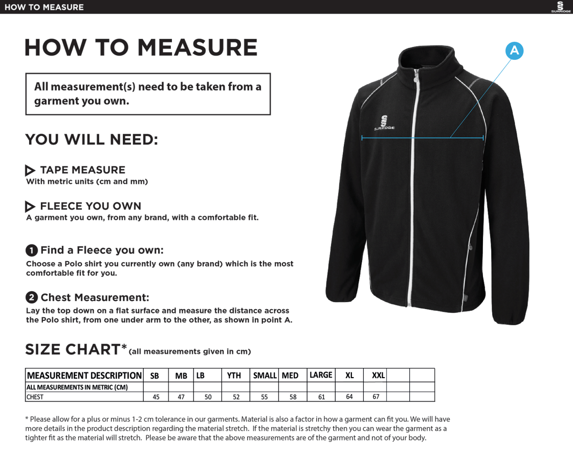 Old Isleworthians CC - Full Zip Fleece Jacket - Size Guide