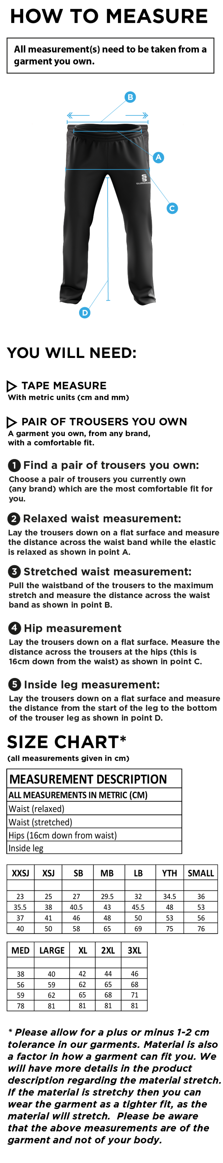 Old Isleworthians CC - Poplin Track Pant - Size Guide
