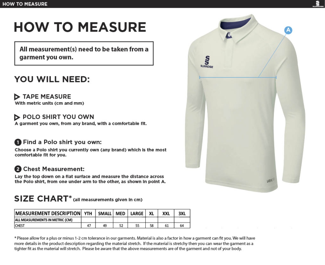 Old Isleworthians CC - Ergo Long Sleeve Navy Trim Shirt - Size Guide