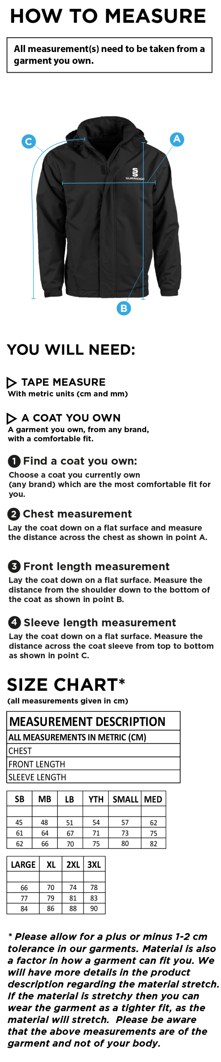 Old Isleworthians CC - Fleece Lined Jacket - Size Guide